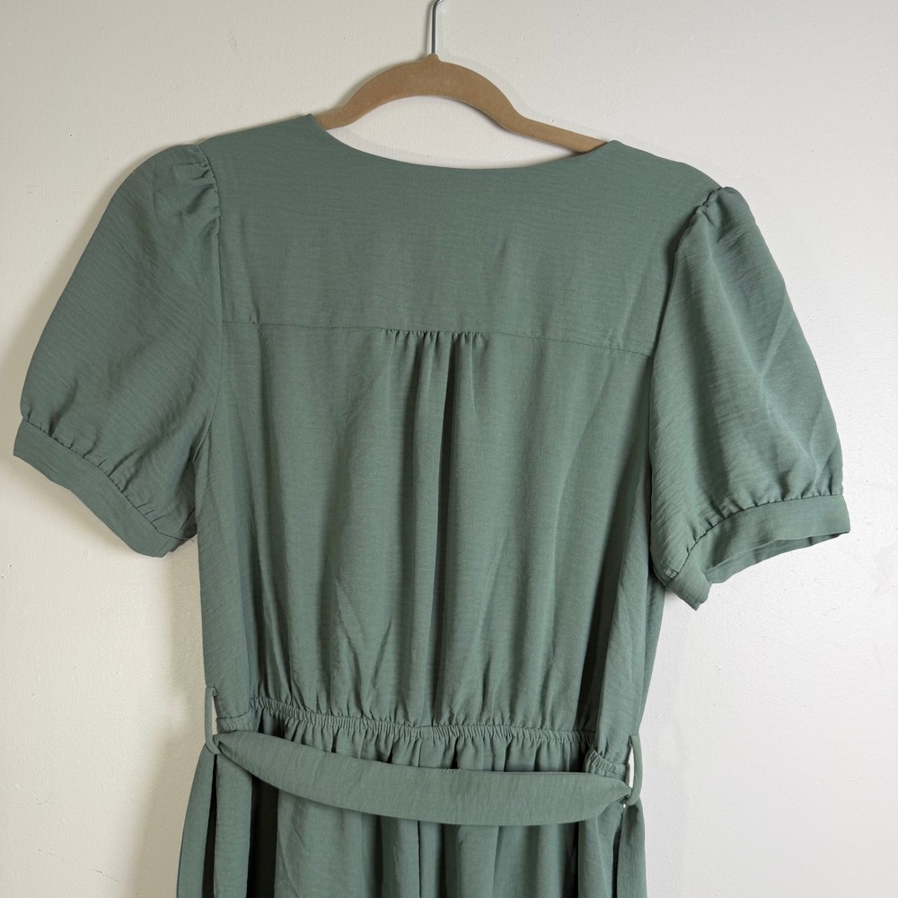Monteau Jumpsuit Womens Medium Sage Green Wrap V-Neck Puff Sleeve Wide Leg Boho - Picture 4 of 9